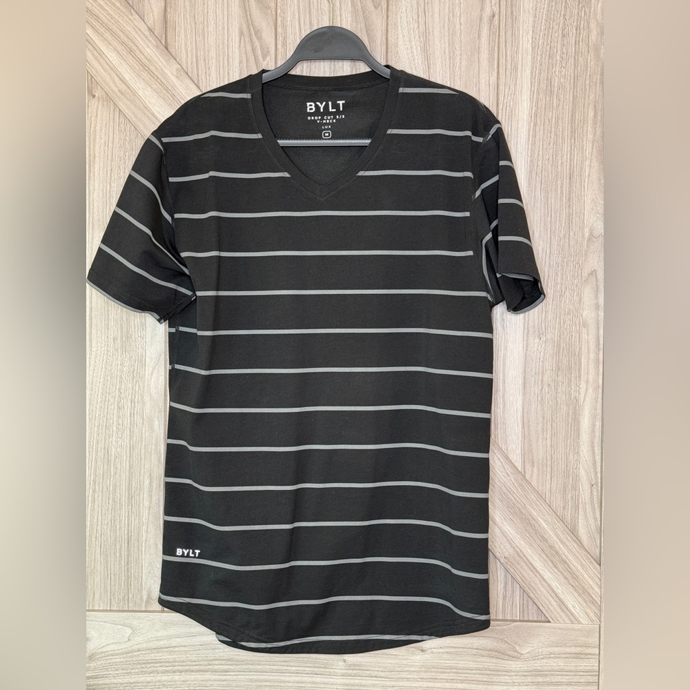 BYLT Basics Premium Lux Drop Cut Striped V-Neck T-Shirt | Black-Grey Color